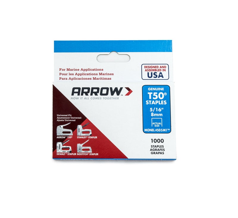 Arrow Fastener 505M1 Heavy Duty T50 Monel Staples for Marine Applications, 5/16-Inch Leg Length, 3/8-Inch Crown Size,1000-Pack